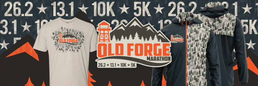 old forge marathon banner with race length number sin background and marathon merch
