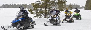 Snowmobilers driving on a trail