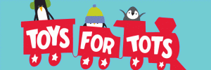 a red silhouette of a train that has the words toys for tots written over it and penguins popping up from the train