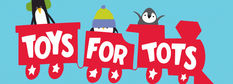 a red silhouette of a train that has the words toys for tots written over it and penguins popping up from the train