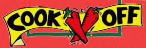 cook off with two peppers in between the words written on a yellow banner with a red background
