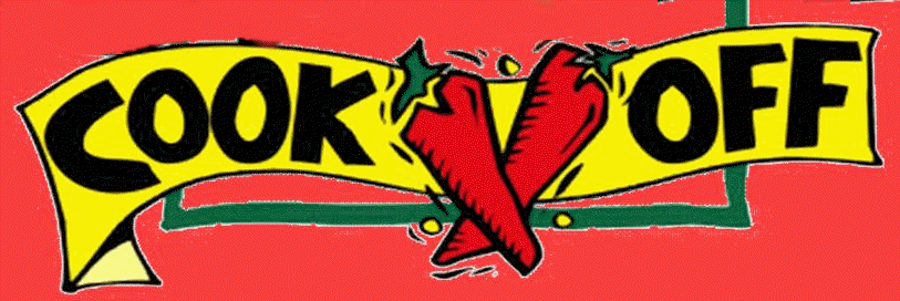 cook off with two peppers in between the words written on a yellow banner with a red background